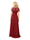 Elegant Chiffon V-Neck A-Line Short Sleeves Lace Beaded Long Mother of The Bride Dresses Slit