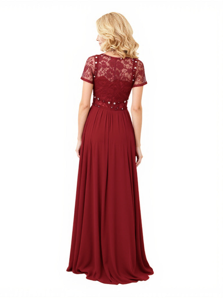 Elegant Chiffon V-Neck A-Line Short Sleeves Lace Beaded Long Mother of The Bride Dresses Slit