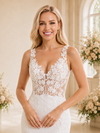 ChicSew Sexy V-Neck Mermaid Lace Applique Crepe Long Wedding Dress Open Back With Button