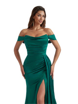 Sexy Off The Shoulder Side Split Mermaid Ruched Satin Pretty Long Bridesmaid Dresses