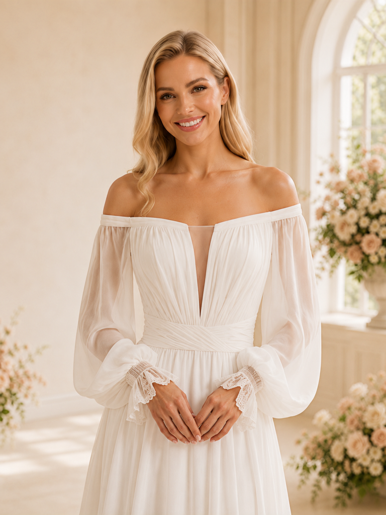 ChicSew Fancy Chiffon Off The Shoulder Long Sleeves A-Line Floor-Length Wedding Dress With Pleats