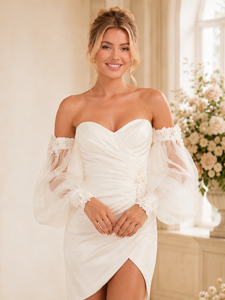 ChicSew Sexy Sweetheart 3/4 Sleeves Ruching Satin Mini-Length Wedding Dress