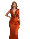Elegant Deep V-Neck Silky Satin Pleated Mermaid Long Bridesmaid Dresses Online