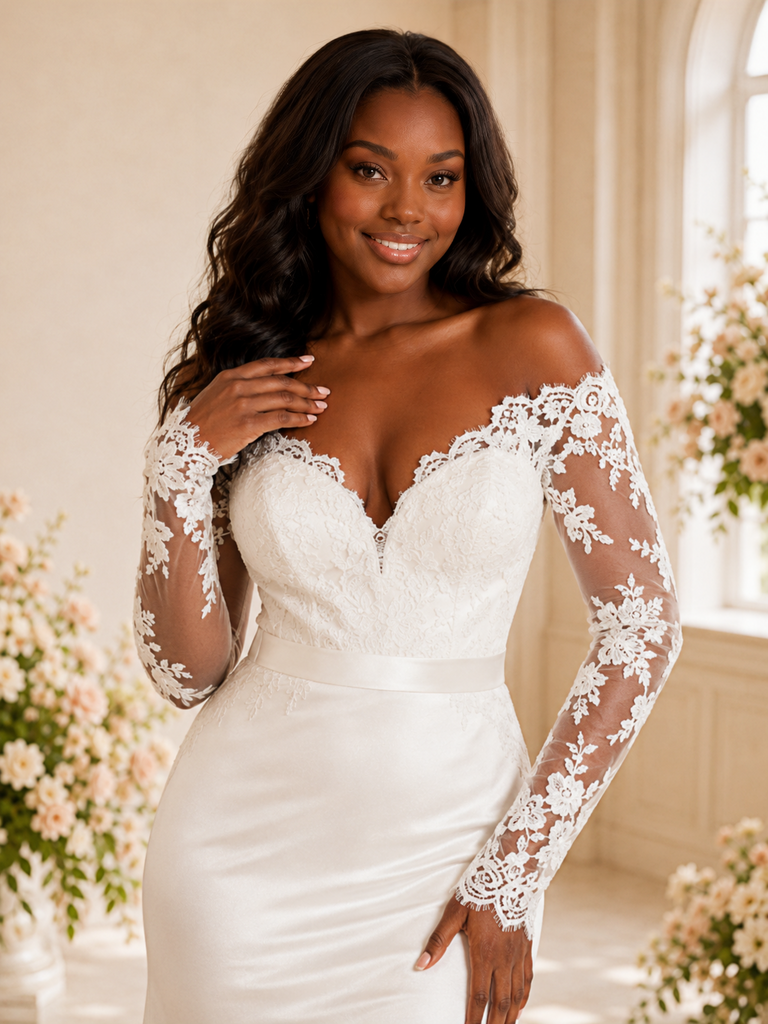 ChicSew Elegant A-Line V-Neck Long Sleeves Satin Mermaid Maxi Wedding Dress