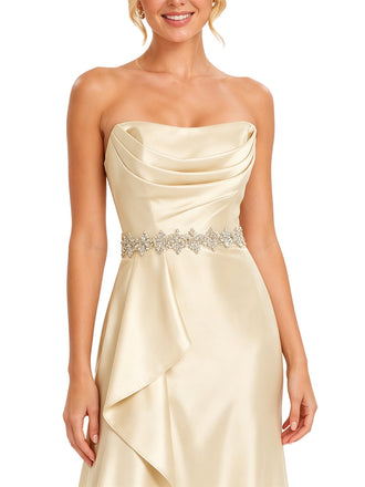 ChicSew Sexy Strapless Rhinestone A-Line Side Slit Floor-Length Satin Bridesmaid Dresses
