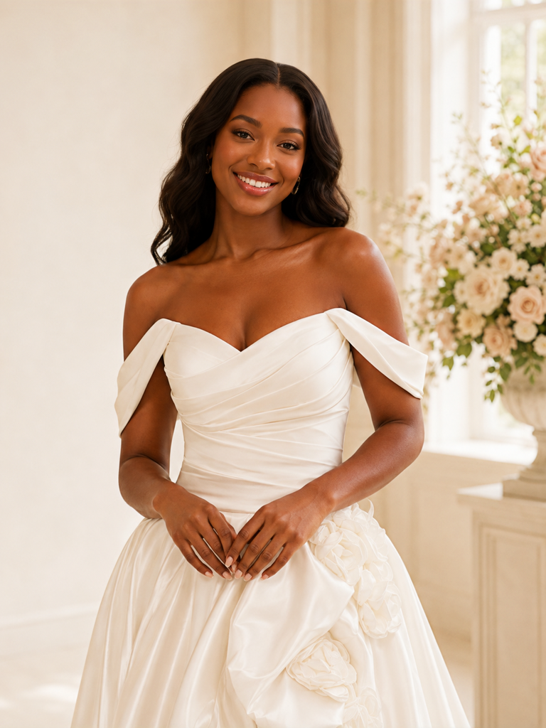ChicSew Fancy Off The Shoulder Ruched Side Slit A-Line Satin Maxi Wedding Dress