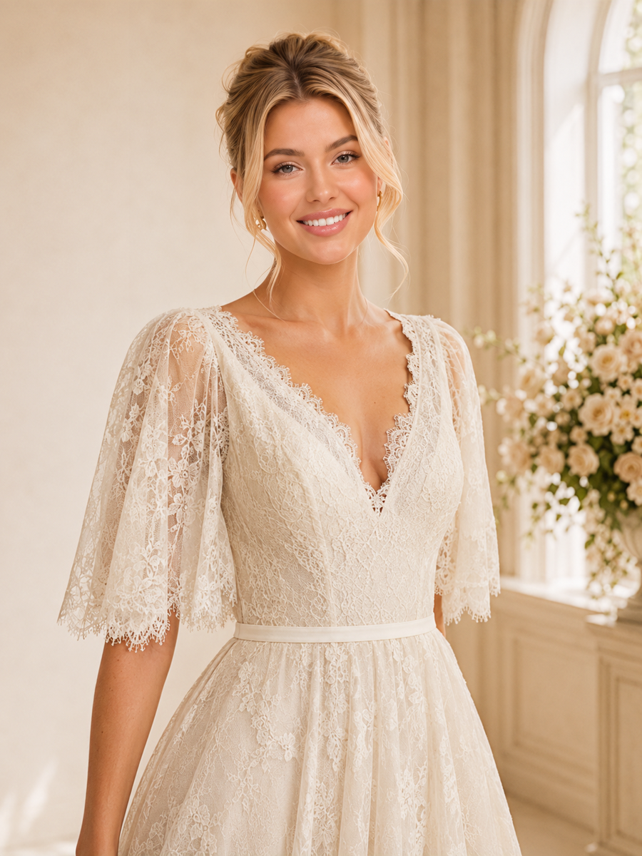 ChicSew Elegant V-Neck Half Sleeves Lace A-Line Floor-Length Wedding Dresses Online