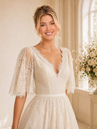 ChicSew Elegant V-Neck Half Sleeves Lace A-Line Floor-Length Wedding Dresses Online