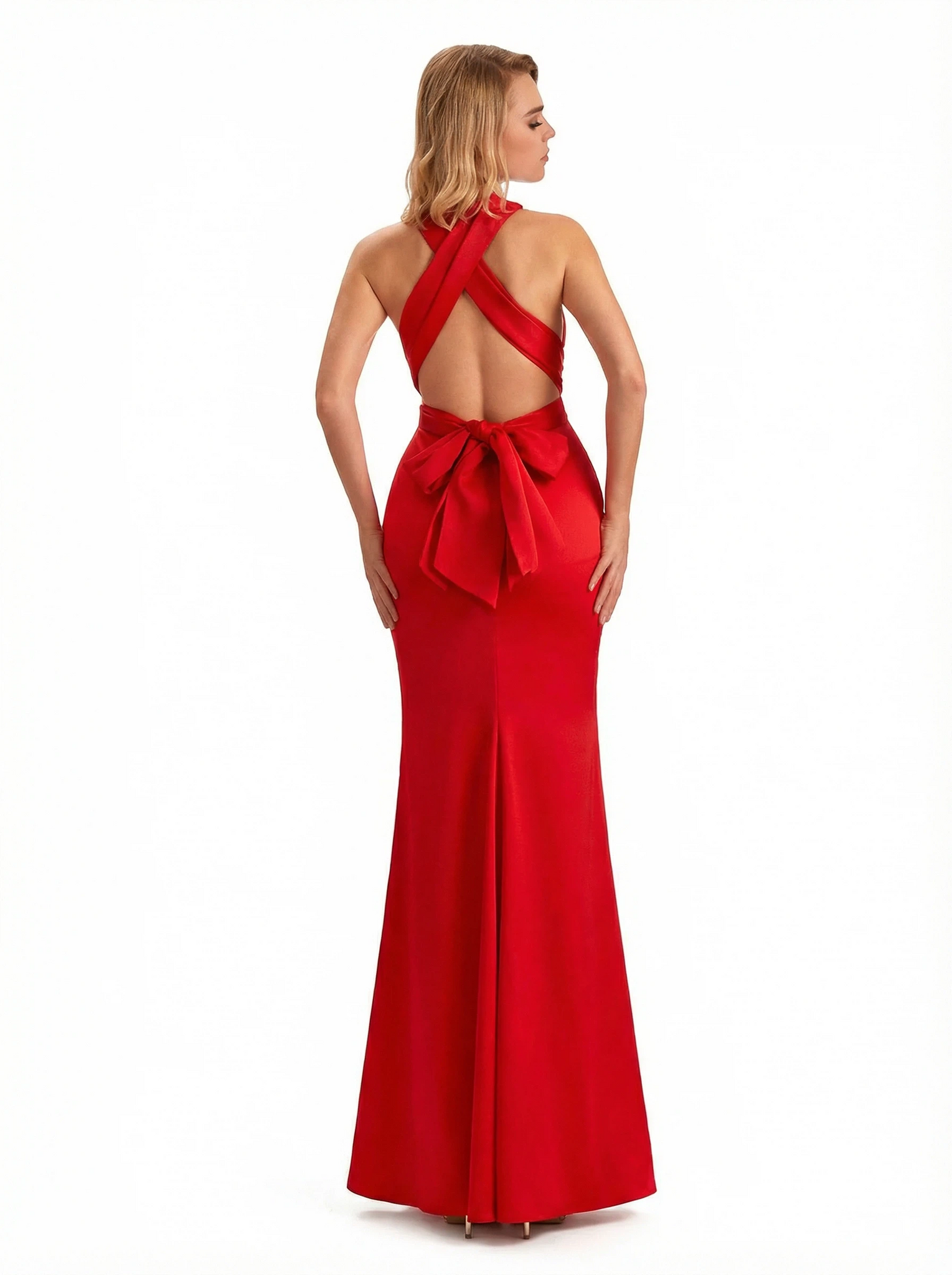 Sexy Halter Criss Cross Mermaid Satin Maxi Formal Dresses For Women Side Slit