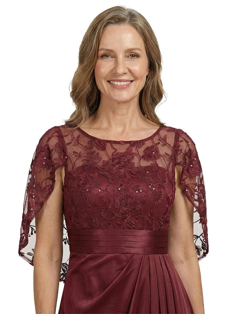 ChicSew Round Neck Cape Sleeve Beaded Lace Applique Ruched Waist Floor Length Chiffon Elegant Mother of the Bride Dresses