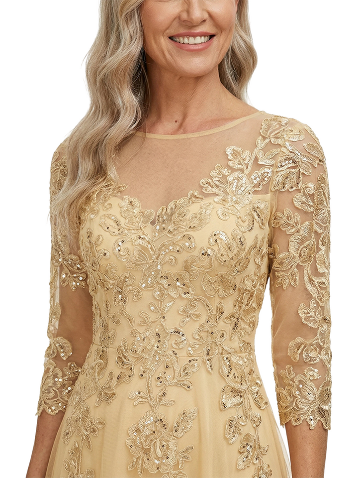 ChicSew Elegant Illusion Long Sleeve A-Line Mother Of The Bride Gown Lace Tulle Overlay