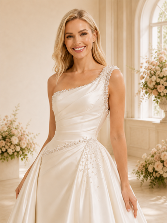 ChicSew Unique Mermaid One Shoulder Beading Satin Maxi Long Wedding Dresses With Overskirt