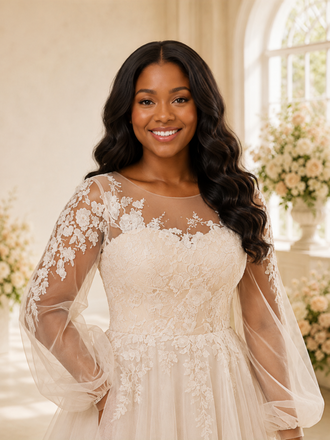 ChicSew Elegant A-Line Illusion Long Sleeves Tulle Maxi Wedding Dress With Lace Applique