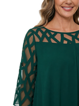 ChicSew Round Neck 3/4 Sleeve Geometric Mesh Overlay Layered Ruffle Knee Length Chiffon Casual Mother Of The Bride Dresses