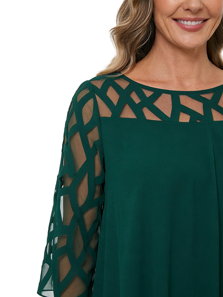 ChicSew Round Neck 3/4 Sleeve Geometric Mesh Overlay Layered Ruffle Knee Length Chiffon Casual Mother Of The Bride Dresses
