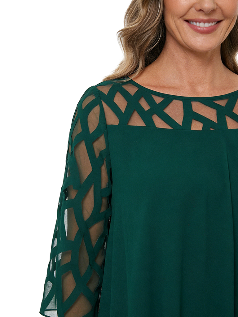 ChicSew Round Neck 3/4 Sleeve Geometric Mesh Overlay Layered Ruffle Knee Length Chiffon Casual Mother Of The Bride Dresses
