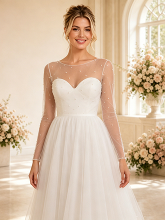 ChicSew Elegant Illusion Lace Tulle Long Sleeves A-Line Floor-Length Wedding Dresses