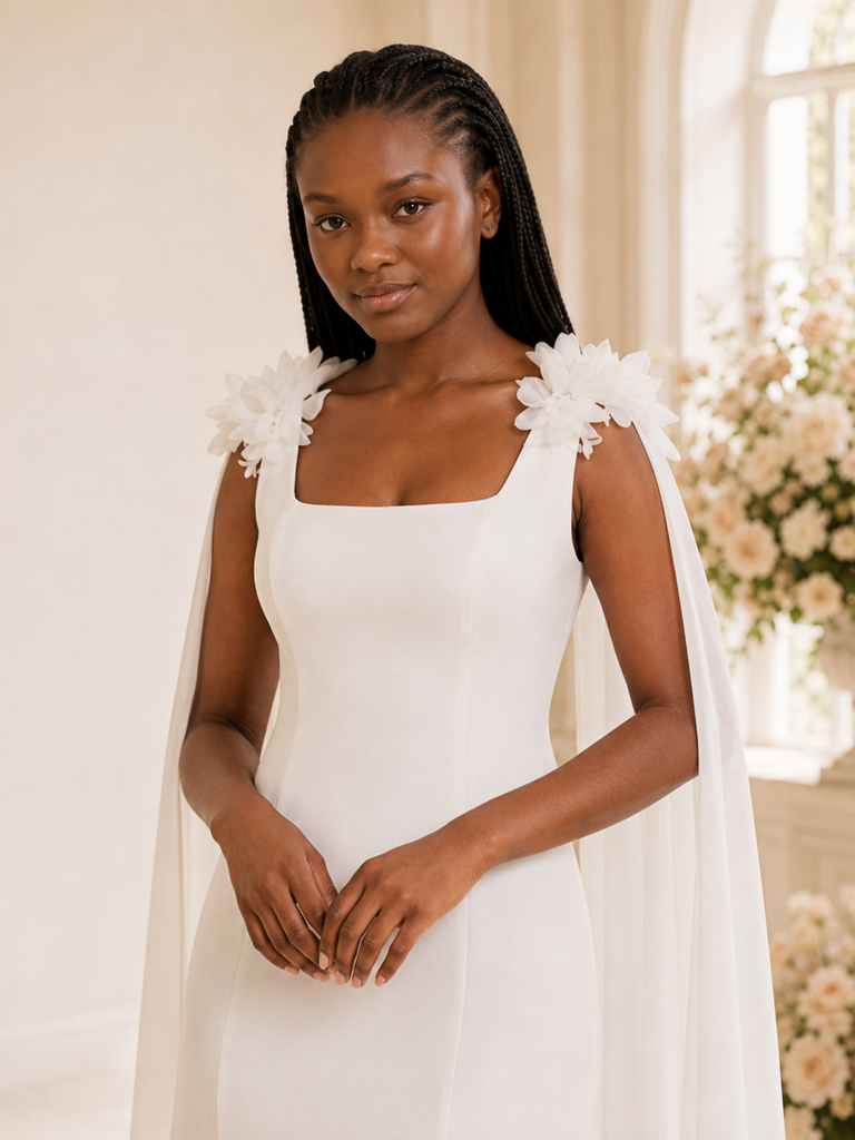 ChicSew Fancy Square Neck Crepe Mermaid Floor-Length Wedding Dress With Tulle Cape Sleeves