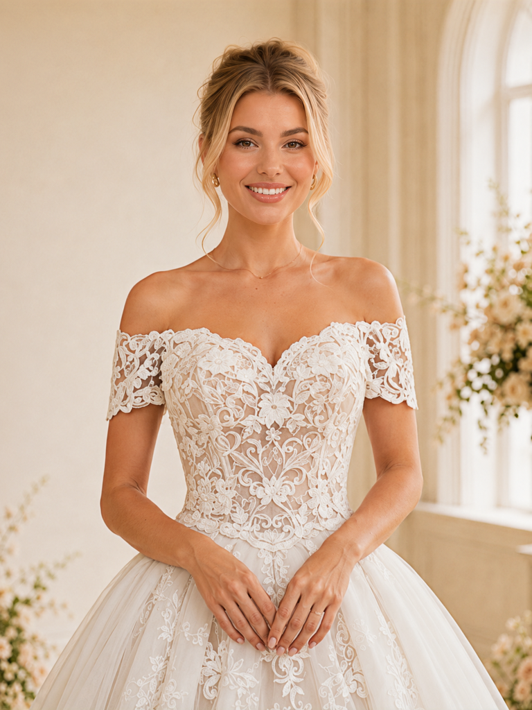 ChicSew Elegant Modern Off The Shoulder A-Line Lace Floor-Length Wedding Dresses With Train