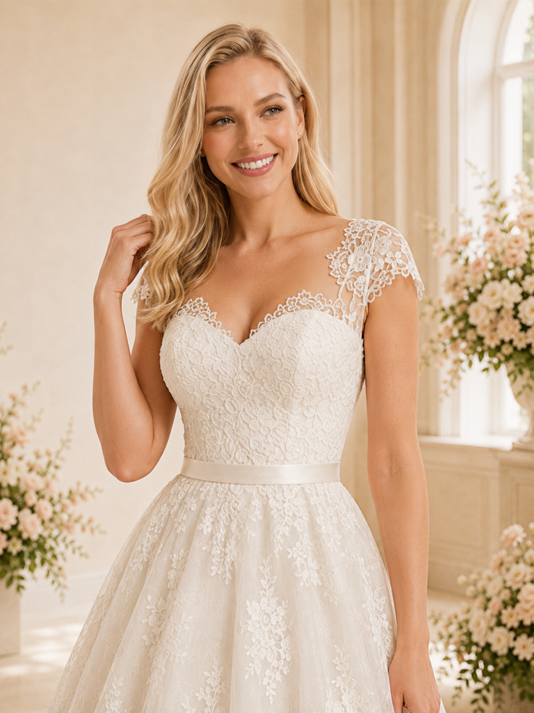 ChicSew Elegant Cap Sleeves Lace Tulle A-Line Tea-Length Wedding Dresses