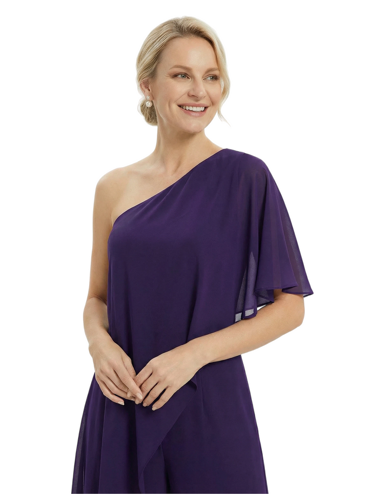 Elegant One Shoulder Chiffon Mother Of The Bride Pantsuit Formal Wedding Attire