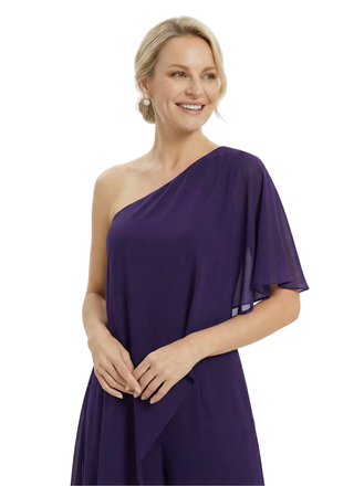 Elegant One Shoulder Chiffon Mother Of The Bride Pantsuit Formal Wedding Attire