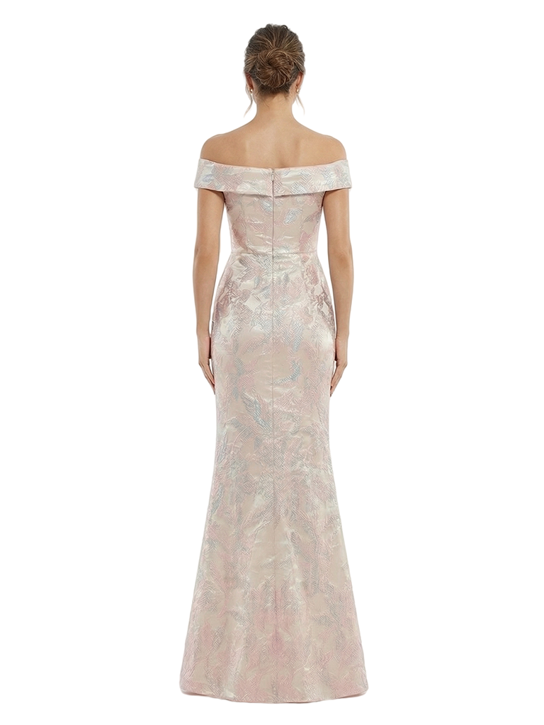 Elegant Off The Shoulder Ruffle Floral Jacquard Side Slit Mermaid Long Formal Dresses