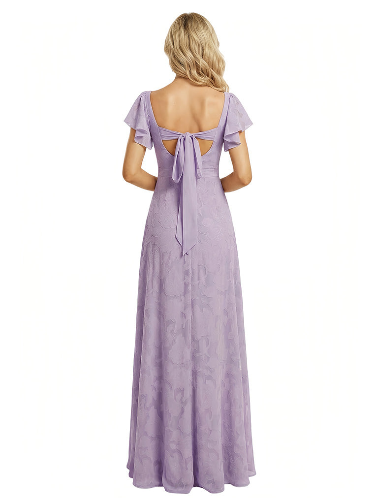 Elegant Flutter Sleeves Square Floral Burnout Chiffon A-Line Formal Evening Dresses