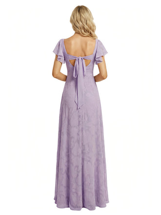 Elegant Flutter Sleeves Square Floral Burnout Chiffon A-Line Formal Evening Dresses