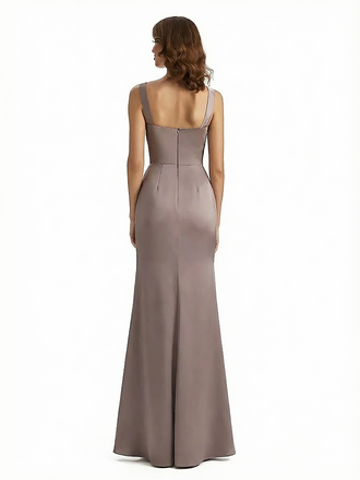 Sexy Ruched Square Neckline Mermaid Side Slit Silky Satin Maxi Evening Gowns For Women