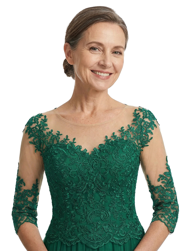 ChicSew Modern Lace Tulle A-Line Jewel 3/4 Sleeves Floor-Length Mother Of The Bride Gowns