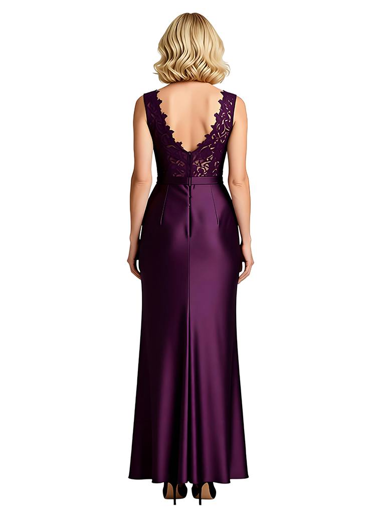 Modern Mermaid V-Neck Lace Satin Mother Of The Groom Dress With Side Slit