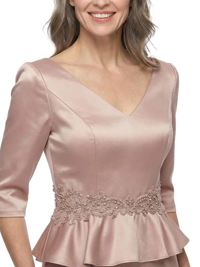 ChicSew Fancy V-Neck Long Sleeves Lace Beaded Waist Silky Satin Mermaid Mother Of The Groom Evening Gowns