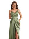 Sexy Silky Satin Spaghetti Straps V-Neck Mermaid Side Slit Unique Long Bridesmaid Dresses