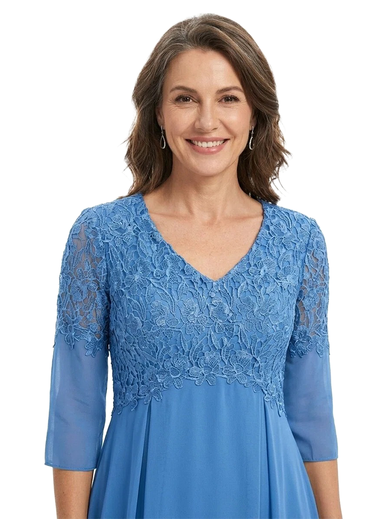 ChicSew V-Neck 3/4 Sleeve Lace Applique A Line Tea Length Chiffon Romantic Mom Of The Groom Dresses