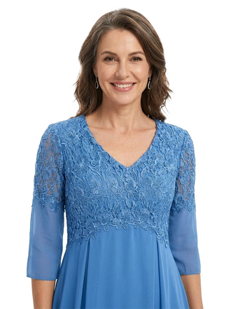 ChicSew V-Neck 3/4 Sleeve Lace Applique A Line Tea Length Chiffon Romantic Mom Of The Groom Dresses