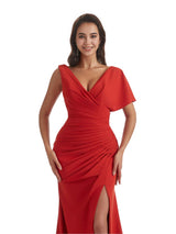 Sexy Asymmetric V-Neck Mermaid Side Slit Crepe Long Bridesmaid Dress For Wedding