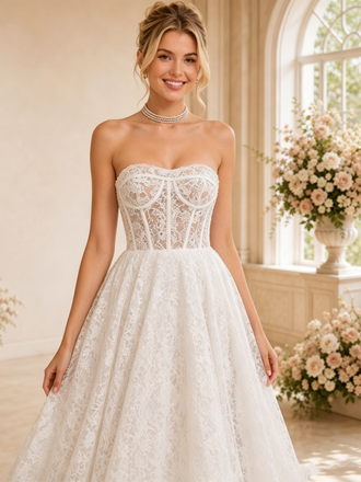 ChicSew Romantic Strapless Boning A-Line Lace Tulle Long Wedding Dresses