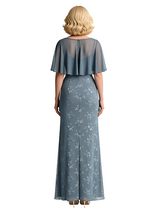 Unique Sheer Cape Overlay Lace Chiffon Mother Of The Bride Dress With Slit