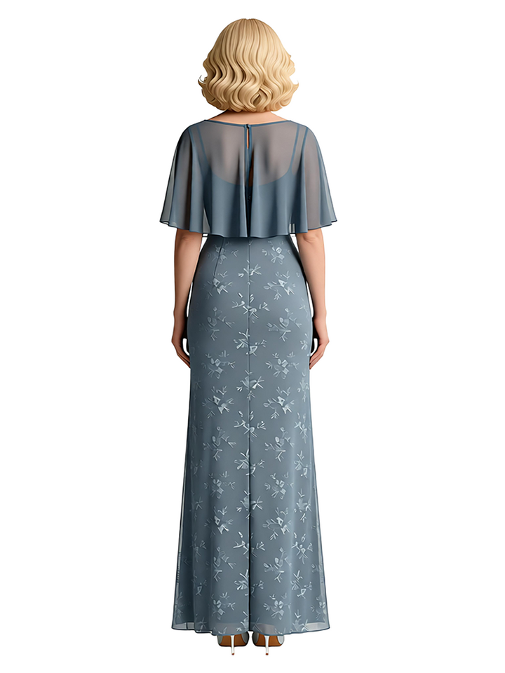 Unique Sheer Cape Overlay Lace Chiffon Mother Of The Bride Dress With Slit