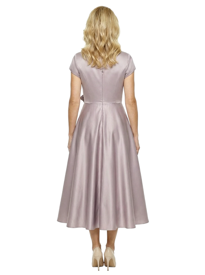 Simple V-Neck Short Sleeves Satin Tea-Length A-Line Mother Of The Bride Dresses