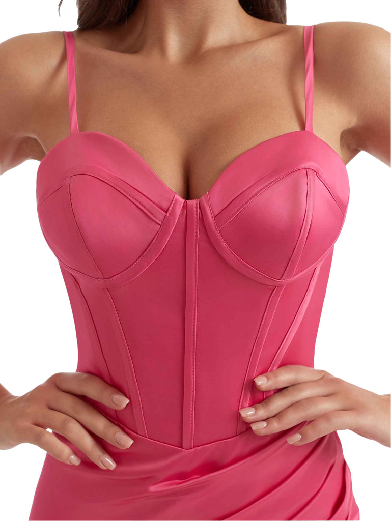 Sexy Spaghetti Straps Boning Mermaid Ruched Satin Long Bridesmaid Dresses Side Split