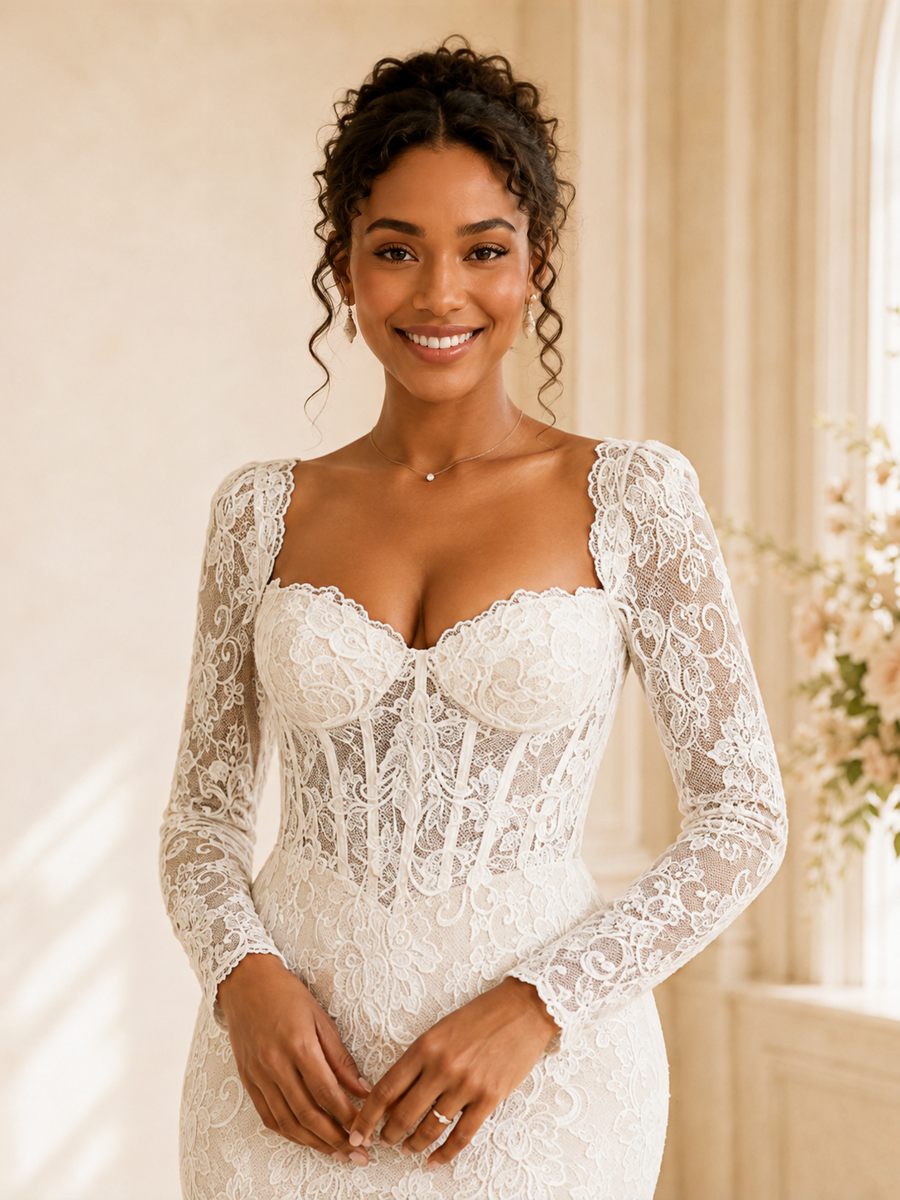 ChicSew Fancy Sweetheart Lace Appliques Long Sleeves Mermaid Maxi Wedding Dress