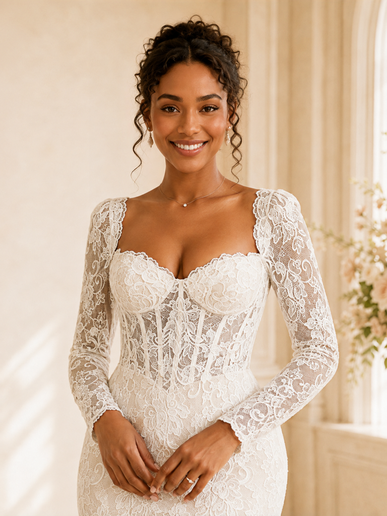 ChicSew Fancy Sweetheart Lace Appliques Long Sleeves Mermaid Maxi Wedding Dress