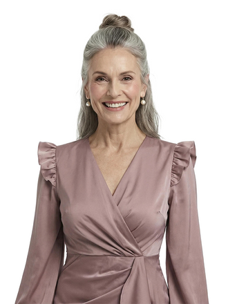 ChicSew V-Neck Long Sleeve Satin Ruffle Tea-Length Mother of the Bride Dresses