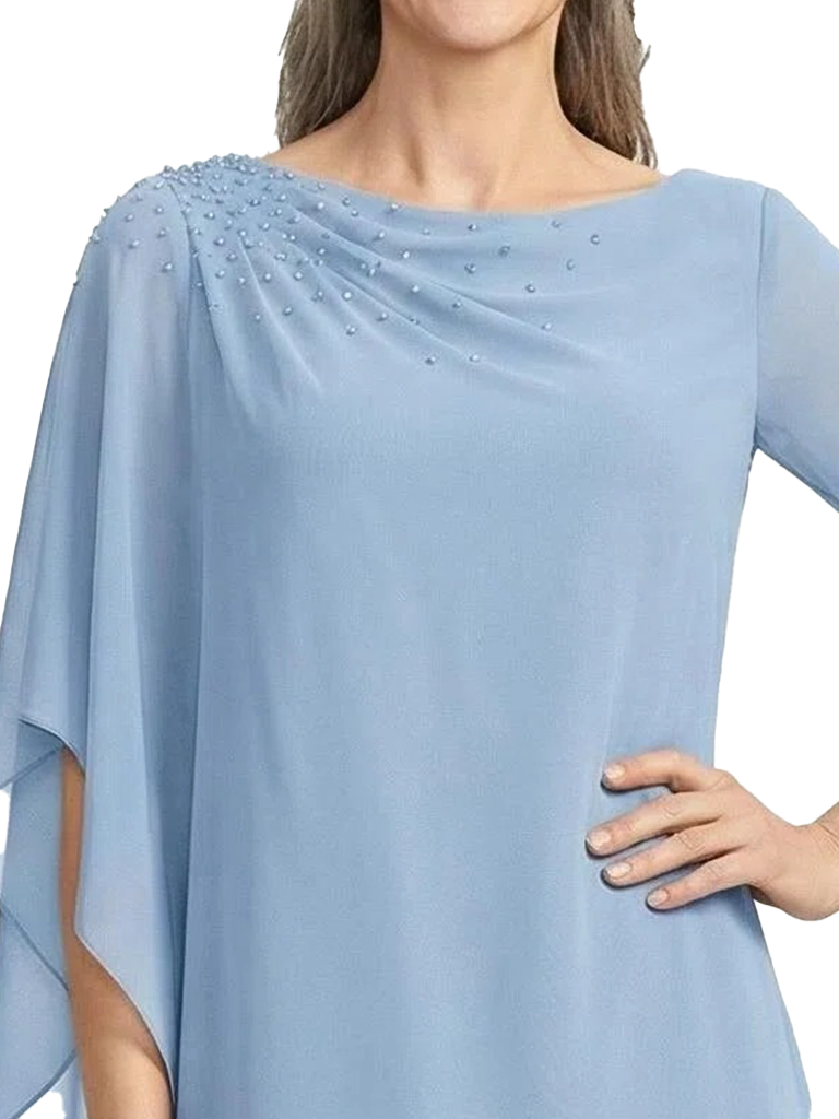 ChicSew Modern Beaded Chiffon A-Line Long Mother Of The Groom Dresses With Asymmetric Cape