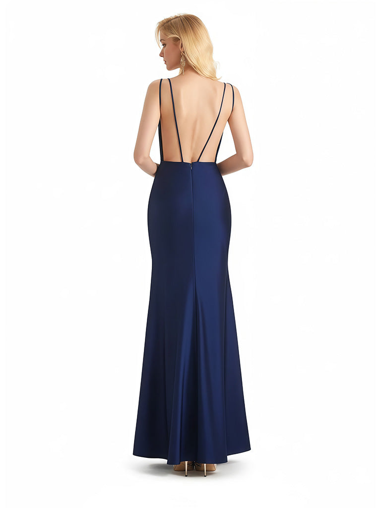 Sexy Spaghetti Straps V-Neck Mermaid Jersey Long Formal Dresses For Women