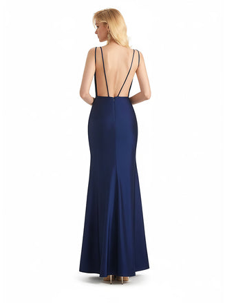 Sexy Spaghetti Straps V-Neck Mermaid Jersey Long Formal Dresses For Women