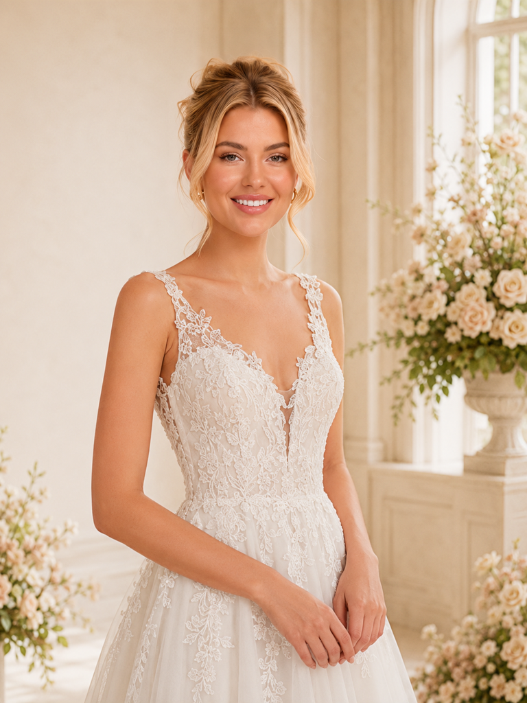 ChicSew Spaghetti Straps V-Neck A-Line Lace Tulle Floor Length Wedding Dresses