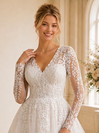 ChicSew Long Sleeves V-Neck A-Line Lace Tulle Floor Length Wedding Dresses
